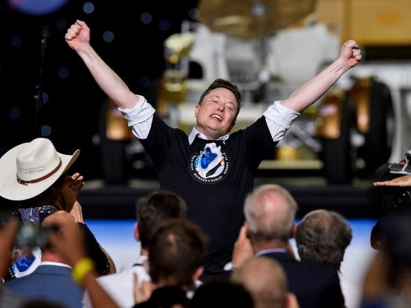 SpaceX CEO and owner Elon Musk celebrates after the launch of astronauts in a Falcon 9 rocket and Crew Dragon spacecraft on the Demo-2 mission to the International Space Station, from NASA's Kennedy Space Center in Cape Canaveral, Florida, May 30, 2020. Steve Nesius/Reuters